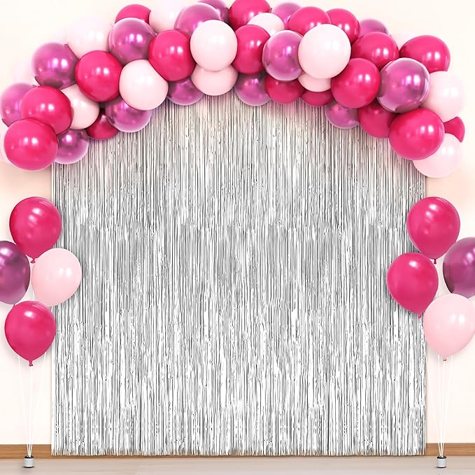 KatchOn, Big Silver Fringe Backdrop Set - 3.2x6.5 Feet, Pack of 52 | Silver Streamer Backdrop and Pink Latex Balloons | Fringe Curtain for Engagement, Disco, Wedding, Anniversary, Birthday Decoration