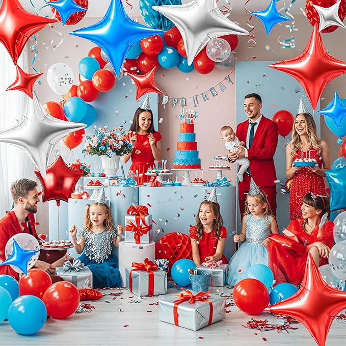 TONIFUL 30Pcs 26In&10In Star Balloons Blue Silver Red Four Pointed Foil Mini Star Mylar Balloons for Birthday Wedding Baby Shower Anniversary Engagement Independence Day Party Decor Supplies