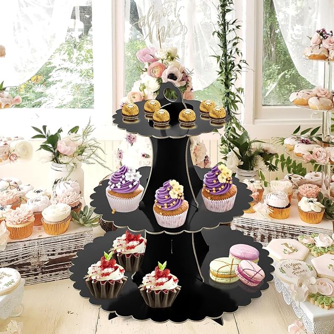 Soleebee 3-Tier Cupcake Stand, Cardboard Cupcake Tower, Dessert Cup Cake Stand Tower for Birthday Wedding Party Decoration, Cupcake Tier Stand 2 Set (Black)