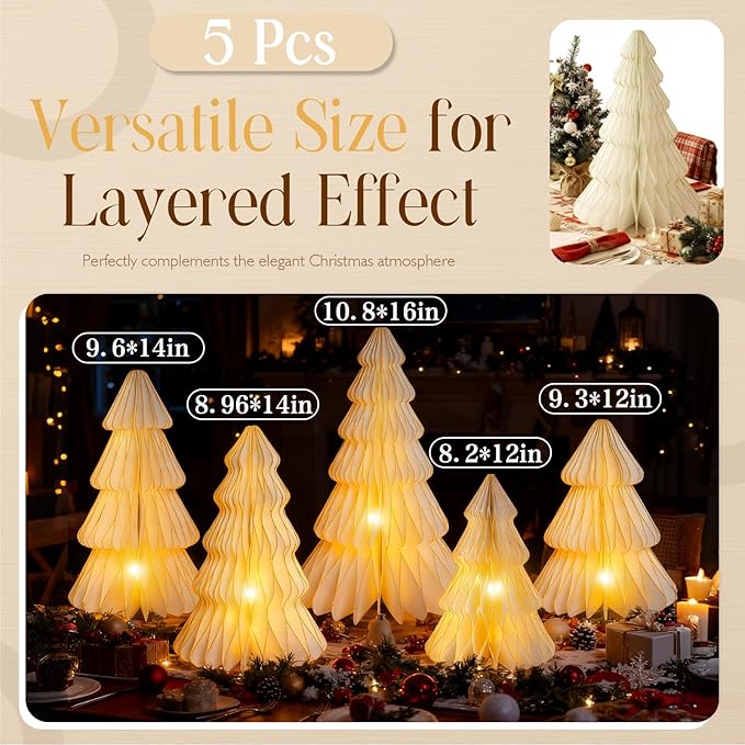 Christmas Table Decorations Indoor, 5 Pcs Large White Honeycomb Paper Christmas Trees, Vintage Light Up Table Centerpieces for Xmas Winter Wonderland Holiday Party Weddings Home Decor, 12/14/16 Inch