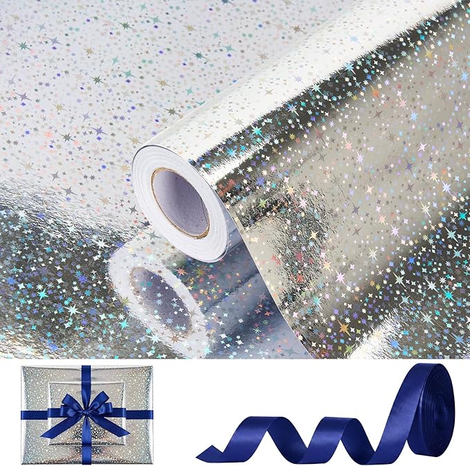 Bafeil Silver Star Wrapping Paper Roll - Metallic Holographic Gift Wrap with Ribbon for Birthday, Mothers Day, Graduation, Wedding, Engagement, Baby Shower, 17 IN x 32.8 FT