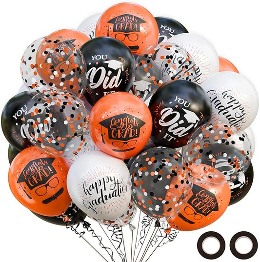 OuMuaMua 75 Pack Graduation Party Decorations Balloons Set - 12" Black White Orange Graduation Balloons Black Orange White Confetti Latex Baloons for Class of 2026 Grad Birthday Party Decor Supplies
