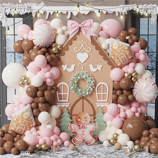 Gingerbread Balloon Arch Kit 147pcs Pink Brown Christmas Balloon Garland with Candy and Gingerbread House Mylar Balloon for Christmas Gingerbread House Candy Holiday Birthday Party Decorations