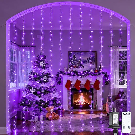 JMEXSUSS 300LED Purple Christmas Lights with Remote, Curtain Hanging Light Plug in, 8 Modes Purple String Lights for Bedroom Window Wall Party Backdrop Halloween Christmas Carnival Decorations