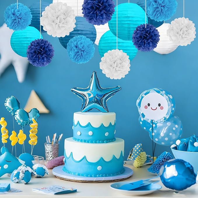 18 PCS Blue White Paper Lanterns & Tissue Paper Pom Poms for Boyss Birthday, Baby Shower, Wedding, Bridal Shower, Hanging Paper Decor for Indoor Outdoor Events Party Supplies