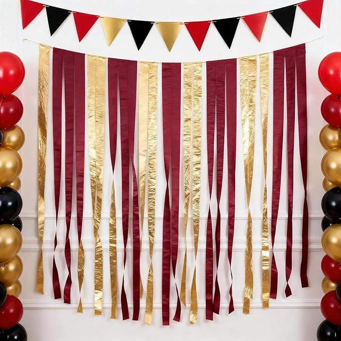 Burgundy Gold Crepe Paper Streamers Birthday Backdrop fringe-11 ft(W) x6.6 ft(H) Party Curtain for Birthday Banners-Background for Party Balloons Gold and Burgundy 492ft -6 Rolls Each 82ft