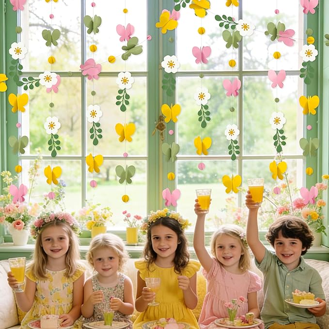 Spring Decorations Flowers 3D Butterflies Dots Garland Green Pink Yellow Hanging Paper Streamer for Spring Birthday Baby Shower Mother's Day Wedding Bridal Shower Tea Party Decorations Supplies