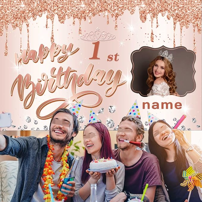 Customizable Rose Gold Happy 1st Birthday Decoration Banner - Personalized with Name and Photo