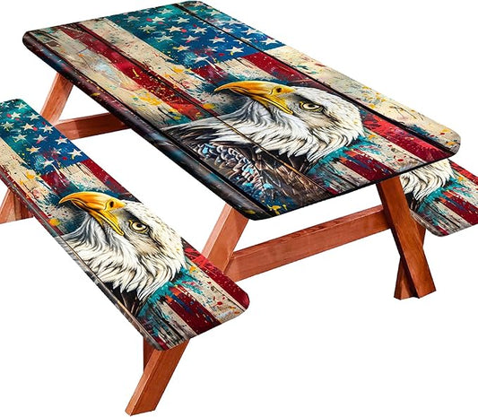 Picnic Table Cover with Bench Covers Camping Essentials Waterproof Windproof Camping Tablecloth with Elastic, Fits Table 30"x 72" Rectangle and Seats, Wood Grain American Flag