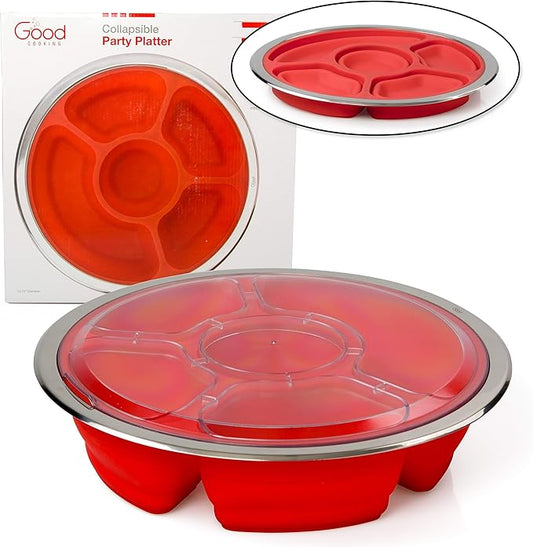 Collapsible 14" Party Serving Platter for Entertaining - Fruit, Veggie, Appetizer Server Tray w Stainless Steel Lid - Easy to Clean & Store, Portable, Dishwasher Safe- Hosting Sunday Football