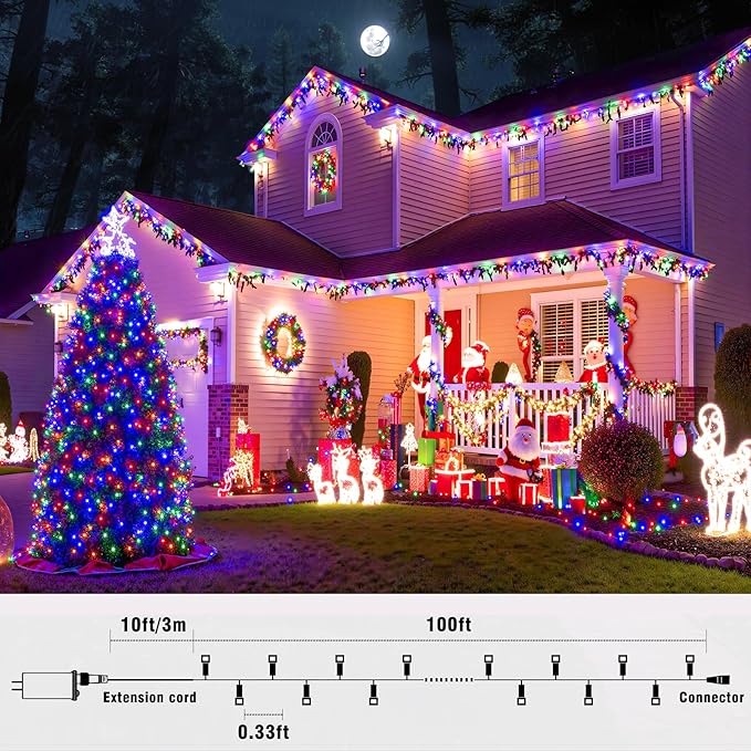 100FT 300 LED Outdoor String Lights, Connectable Christmas Lights Indoor Waterproof with 8 Modes, Plug in Twinkle Fairy Lights Clear Wire for Easter Bedroom Home Wedding Patio Decorations, Multicolor
