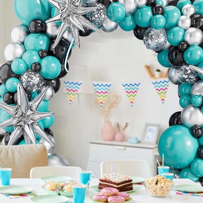 Teal Balloons Arch Garland Kit-Black Balloon Metallic Silver Balloon 127Pcs for Baby Shower,Gender Reveal,Kids Birthday,Wedding,Graduation,New Years Party Decorations.