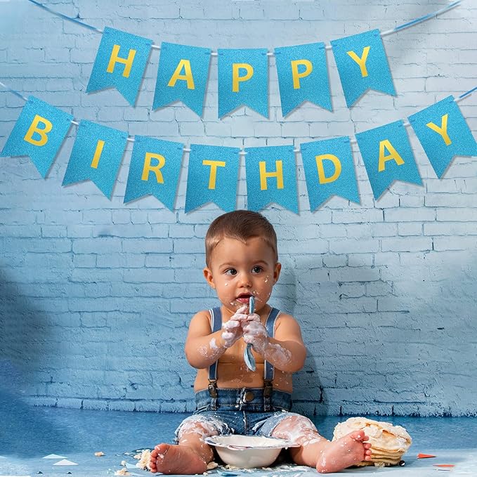 Clabby Glitter Blue Happy Birthday Banner with Shiny Letters Happy Birthday Shiny Glitter Hanging Signs Bunting for Party Supplies Hanging Backdrop Decoration