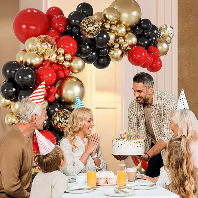 147pcs Red Black Gold Balloons Arch kit, 18 12 10 5 inch Red Black and Gold Balloons Garland for Anniversary Casino Night Hollywood New Years Movie Night Birthday Decorations