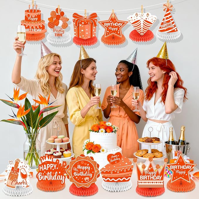 12Pcs Orange Birthday Decorations Honeycomb Centerpieces for Men Women Kids, Orange Happy Birthday Table Centerpieces for Adult Boys Girls Birthday Party Table Topper Sign Decor Supplies