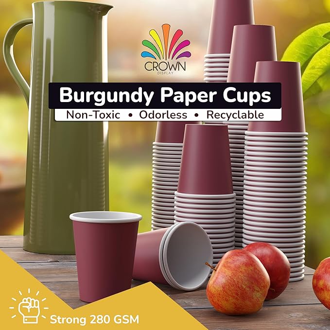 Party Solids Burgundy Paper Cups 9 oz Durable Disposable Cups 1000 Paper Tumblers for Hot Drinks and Cold Drinks Thick 280 GSM Hot Cup for Tea & Coffee Cup To Go Fun Colors for Parties & Events