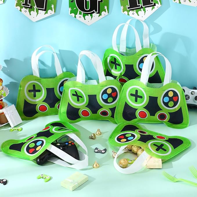 Silkfly 12 Pcs Video Game Party Favor Bags Non Woven Reusable Gaming Goodie Treat Gift Bags with Handles Gaming Party Supplies Class of 2026 Graduation Favors (Green)