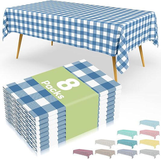 Smiry 8 Packs Gingham Disposable Table Cloth, 54 x 108 Inch Waterproof Plastic Tablecloth, Rectangle Aqua and White Checkered Table Covers for Picnic, Birthday, Party