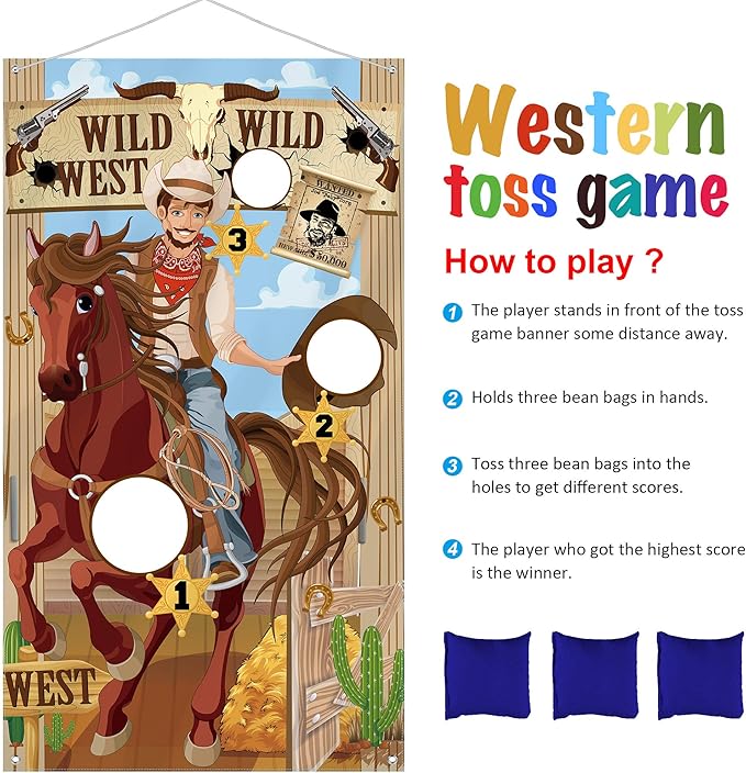 Blulu Western Party Cowboy Toss Games with 3 Bean Bags, Fun Game for Kids and Adults in Western Themed Activities Cowboy Decorations and Supplies