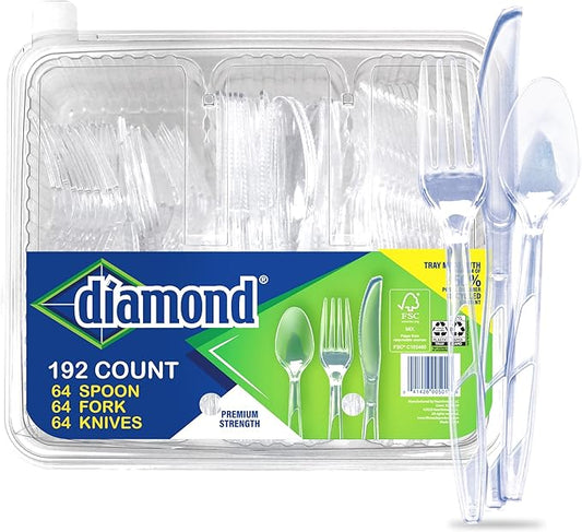 Diamond® All Occasion Clear Plastic Cutlery Set – 192 Count (64 Forks, 64 Spoons, 64 Knives), Disposable Utensils, Durable Polystyrene, Reusable Tray, Made in USA