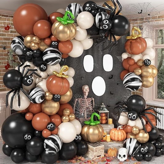 130Pcs Vintage Halloween Balloon Garland Kit, Muted Burnt Orange Terracotta Black Marble White Gold Balloon Arch Spider Pumpkin Diy Balloons for Spooky Autumn Harvest Fall Birthday Party Decorations