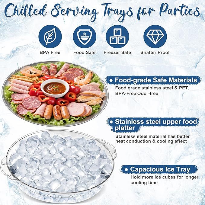 Chilled Serving Trays for Parties, 3 Set 11.8" Compartment Charcuterie Platters for Serving Food Party Shrimp Cocktail Servings Dish Keeps Food Cold for Vegetable Fruit, Cheese, Seafood & Dip