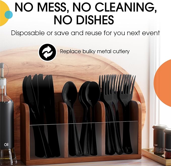 Party Solids Black Plastic Silverware Heavy Duty 150 Pieces Black Disposable Silverware Heavy Duty, Utensil Sets, 50 Of Each Forks, Knives & Spoons Disposable Cutlery Set For Party Supplies