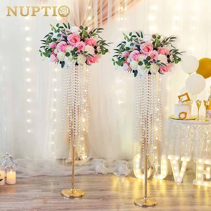 NUPTIO Gold Vases for Centerpieces Wedding - 10 Pcs 39.4in Tall Vase Chandelier Centerpiece for Tables - Flower Stand Bulk for Weddings