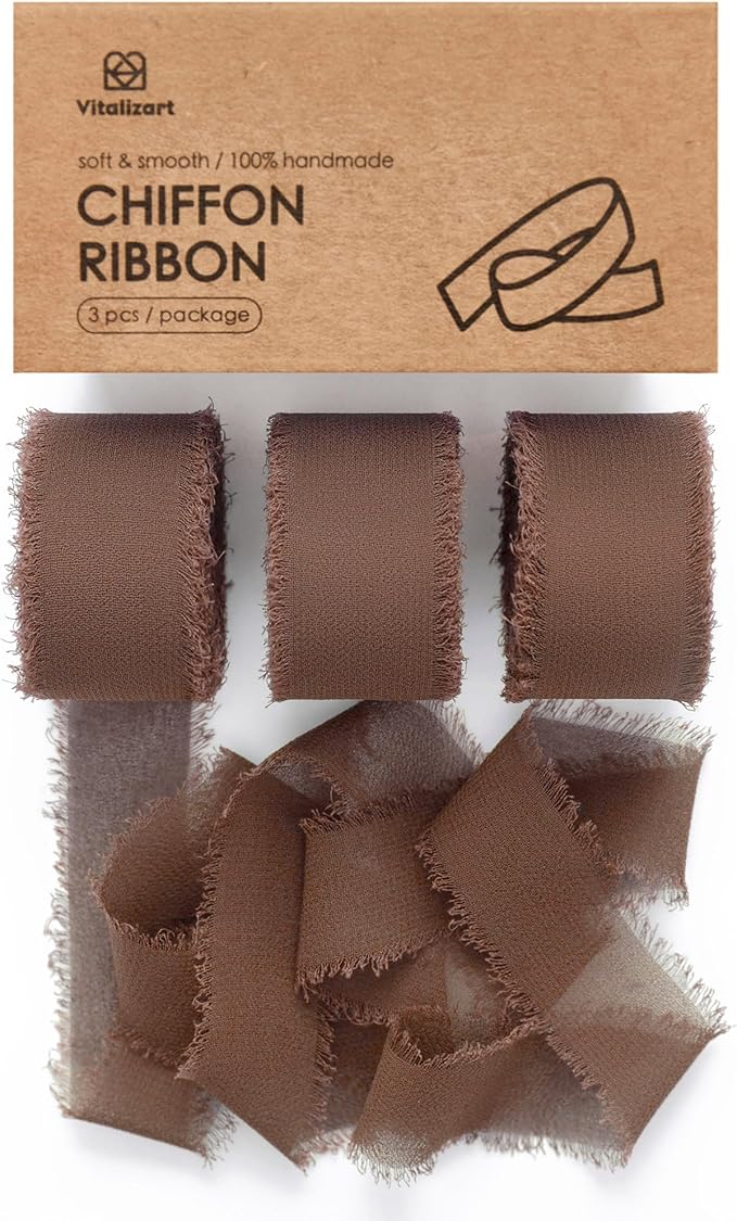 Vitalizart Brown Chiffon Silk Ribbon 1" x 21 Yd Fringe Fabric Package (3 Rolls * 7 Yd) for Wedding Invitations Bridal Bouquets Decorations Gifts Wrapping & Bow Making