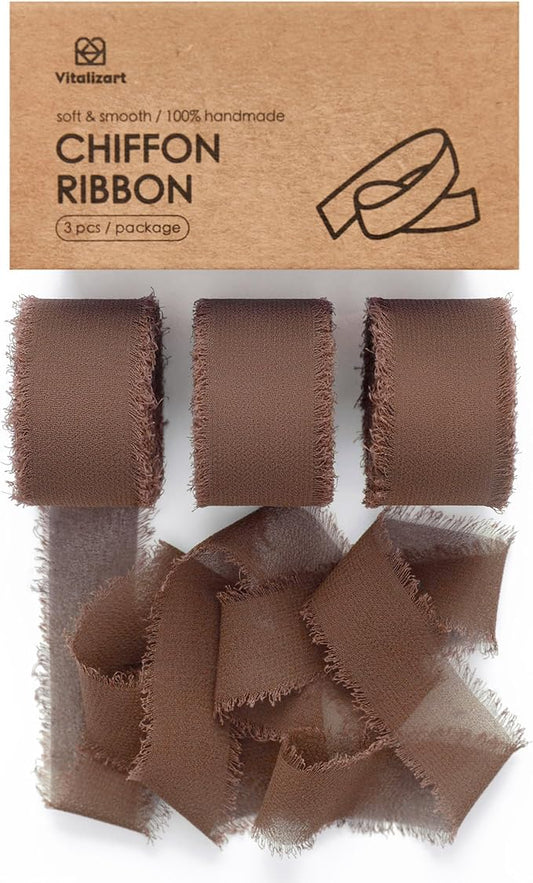 Vitalizart Brown Chiffon Silk Ribbon 1" x 21 Yd Fringe Fabric Package (3 Rolls * 7 Yd) for Wedding Invitations Bridal Bouquets Decorations Gifts Wrapping & Bow Making