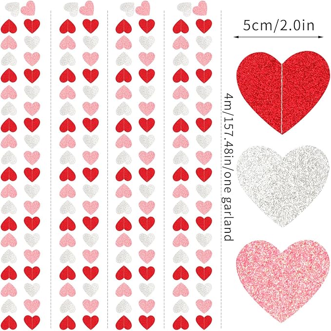 Glitter-Red Silver-Pink Valentines Party-Decorations Heart-Garland - 52ft Galentines Women Streamers Banner,Romantic Special Night Wedding Bachelorette Bridal Shower Birthday Backdrop Decor Burgleda