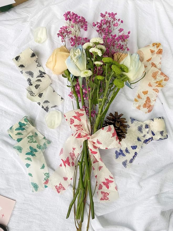 5 Rolls Chiffon Ribbon with Butterfly Print | 2" x5 Yards Frayed Edge Craft Ribbons for Wedding Bouquets, Gift Wrapping, Party Decorations