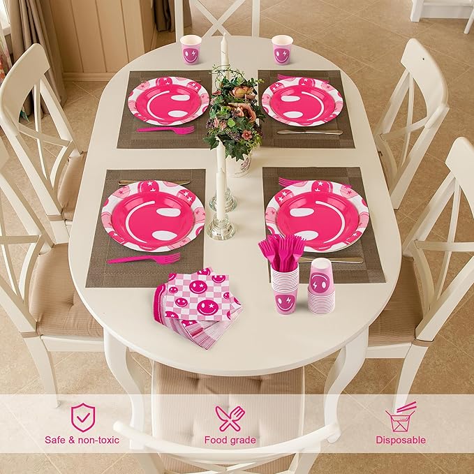 Kochorie 144 Pieces Preppy Party Supplies, Pink Preppy Smile Face Tableware Sets Including Disposable Paper Plates Napkins Cups Forks Serves 24 for Smiley Face Baby Shower Birthday Party Decorations