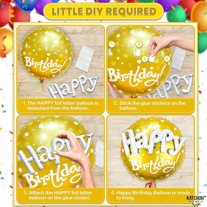 KatchOn, Gold Happy Birthday Balloon Set - 23 Inch, Big, Pack of 5 | Happy Birthday Mylar Balloons, Golden Birthday Balloons | Gold Party Decorations, Golden happy Birthday Decorations