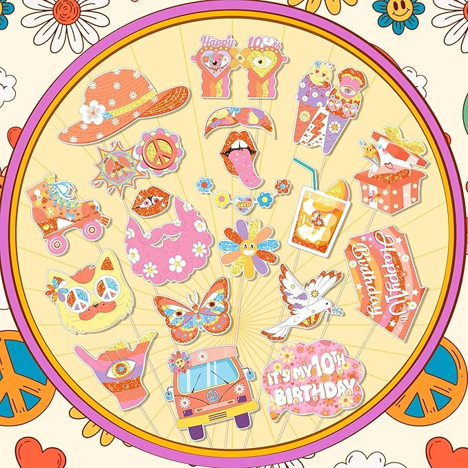 25Pcs Hippie Two Groovy Photo Booth Props, Boho Daisy School Bus Rainbow Peace Party Decorations Favor for Happy 10th Birthday Theme Party Supplies Essentials with Sticks and Glues