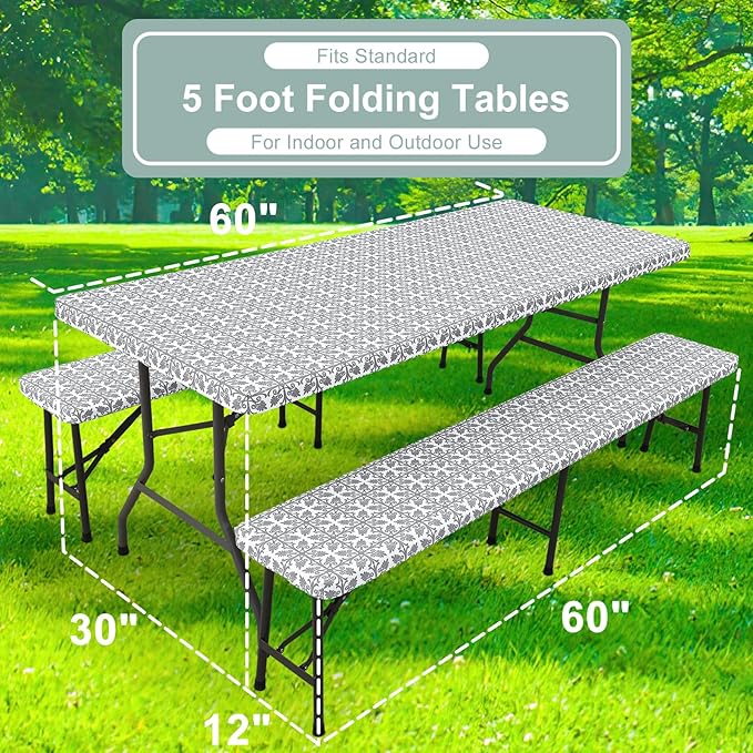 misaya Picnic Table Cover with Bench Cover, Waterproof Elastic Fitted Tablecloth for 5 Foot Tables, Rectangle Washable Polyester Tablecloths for Picnic, Camping, Outdoor (Grey, 30" x 60")