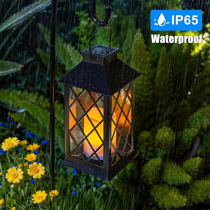 [2 Pack] TAKE ME Black 14" Solar Lanterns Outdoor Waterproof Garden Lanterns LED Candle Lights for Garden Outdoor Decor Mothers Day Gifts