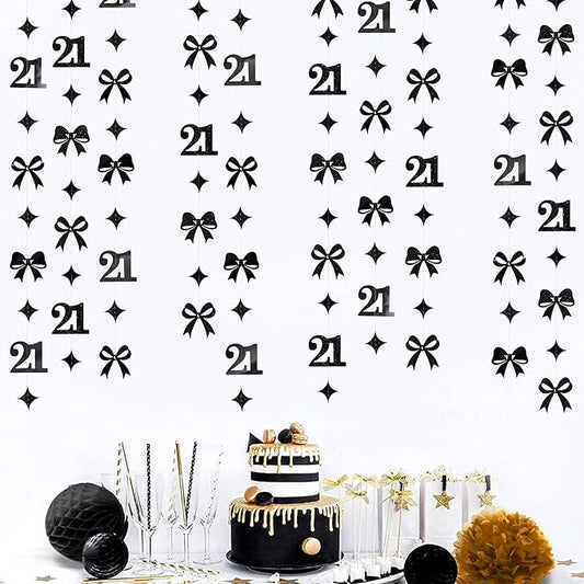 Black 21st Bow Birthday Decorations Glitter Conquette Bow Garland Streamer Banner Backdrop for Girls Boys Happy 21st Birthday Finally Legal Cheers to 21 Years Old Awesome Since 2004 Party Supplies