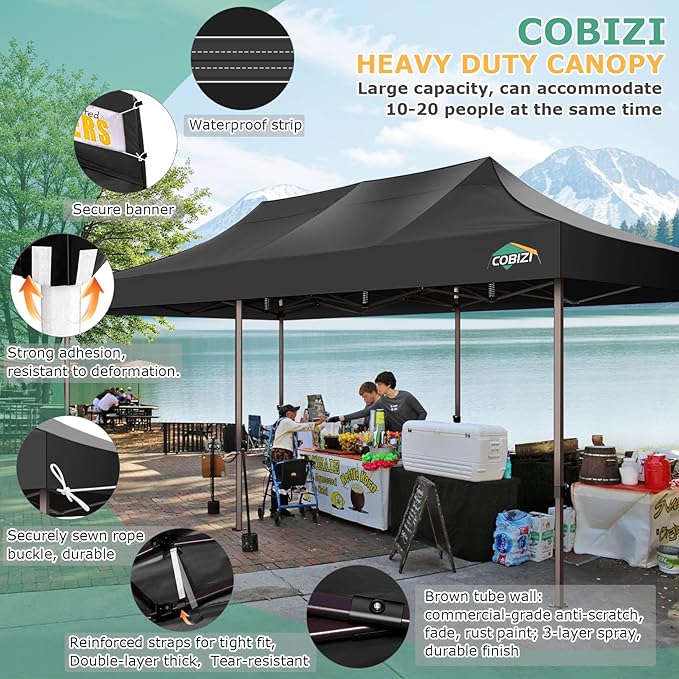 COBIZI 10x30 Pop Up Heavy Duty Canopy with 8 Sidewalls and Hexagonal Legs, Easy up Tent for Party, Wedding and Commercial, Outdoor Canopy with Carry Bag, Waterproof & UPF50+ (Black)