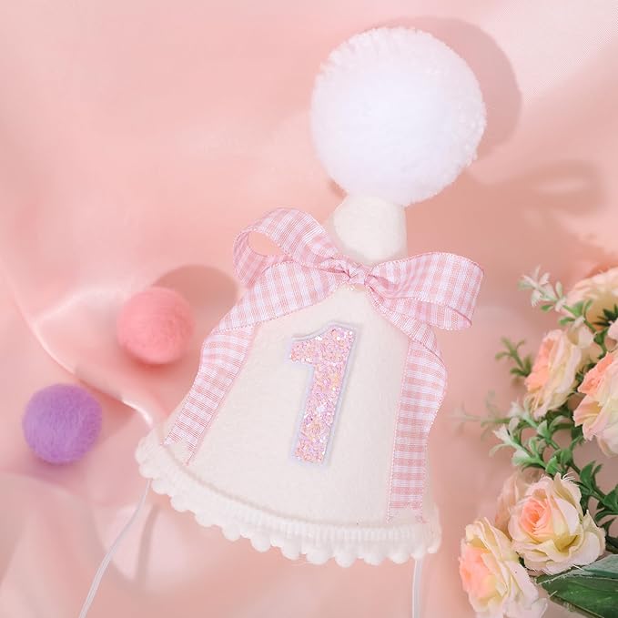 Pink Bow 1st Birthday Hat - Baby Girls 1st Birthday Crown, Pink First Birthday Decoration, Princess 1st Birthday Decor for Girls, Cake Smash Props