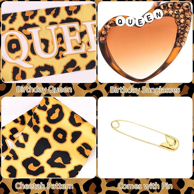 Cheetah Print Happy Birthday Decorations Set - BIRTHDAY QUEEN Leopard Birthday Sash & Sunglasses, Funny Bday Decoration Accessories for Women Party Favors SuppliesStyle A
