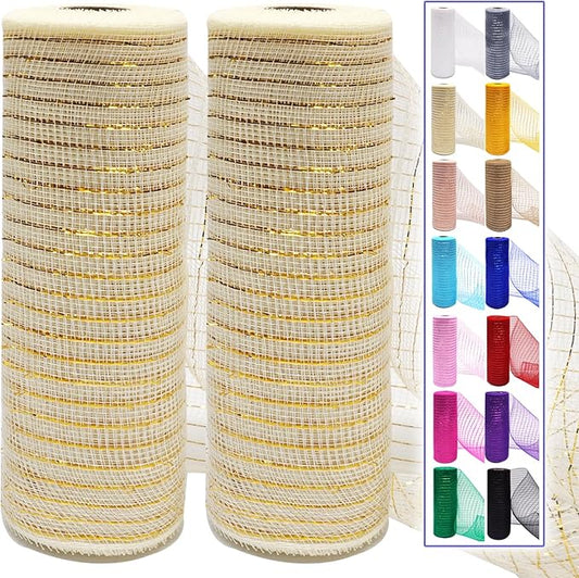 2 Pcs Ivory Deco Mesh Ribbon Rolls 10 Inch 10 Yards(30 ft) Decorative Mesh Fabric with Foil for Wreaths Christmas Tree Ribbon Door DIY Craft Halloween Decor Wedding Party Supplies (Ivory & Gold, 2Pcs)