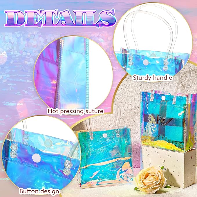 Sherr 16 Pcs Holographic Small Gift Bag Reusable Iridescent Clear Bags for Women PVC Plastic Goodie Holder with Handles for Shopping Christmas Holiday Gift Party Favor(5.91" x 6.3" x 2.76",Rainbow)
