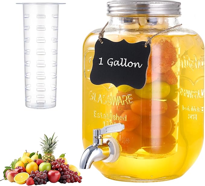 1 Gallon Glass Beverage Dispenser, Drink Dispenser With Fruit Infuser, Stainless Steel Spigot - Drink Dispensers for Parties, BBQ,Picnic,Weddings
