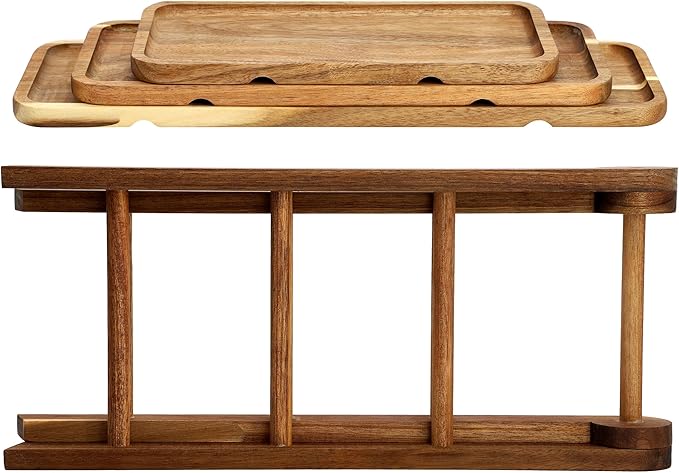 Elama Acacia Wood 3 Tiered Rectangular Ladder Tray Serving Set, Cupcake Tray, Serveware Set, Decorative