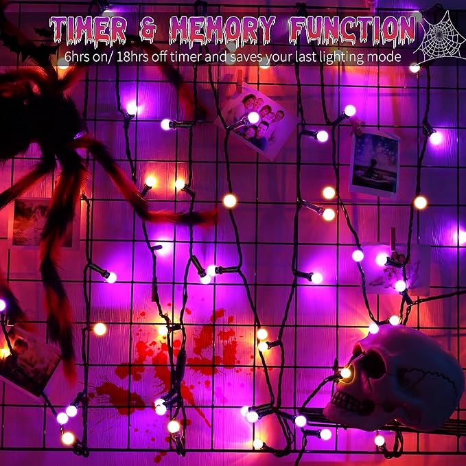 ODEETRONIC Halloween Lights, 65.6ft 200 LED Purple & Orange Globe String Lights, Connectable Berry String Lights, 8 Modes Ball Lights with Timer, Outdoor Halloween Lights for Graden Tree Party Bedroom