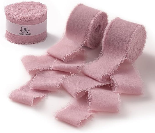 DORIS HOME Mauve Chiffon Ribbon for Flower Bouquet, 1" x21Yd Fabric Ribbon for Gift Wrapping, Handmade Frayed Ribbon for Wedding Invitations/Christmas Decorations