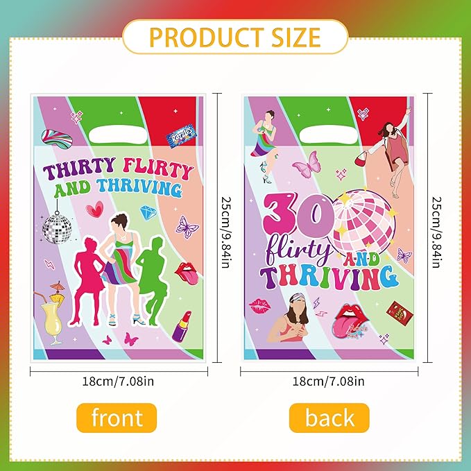 MOIZYNG 50Pcs Thirty Flirty and Thriving Birthday Gift Bags with Handles, 30 Flirty and Thriving Plastic Candy Treat Goodie Bags for Women 30th Birthday Party Favors Supplies