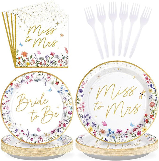 96Pcs Wildflower Bridal Shower Party Supplies Watercolor Floral Miss to Mrs Plates and Napkins Gold Foil Tableware Sets Bride to Be Decorations for Women Wedding Engagement Party Favor Serve 24