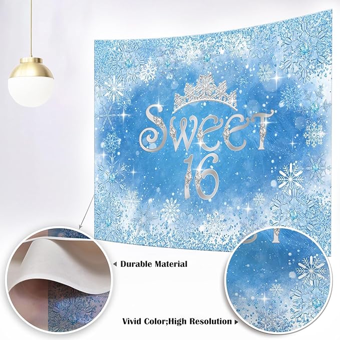 Mocsicka Winter Sweet 16th Backdrop Winter Wonderland Silver Snowflake Crown Sixteen Birthday Party Decoration Ice Blue Girl Birthday Banner Portrait Photoshoot Background (Blue, 10x8ft(120''x96''))